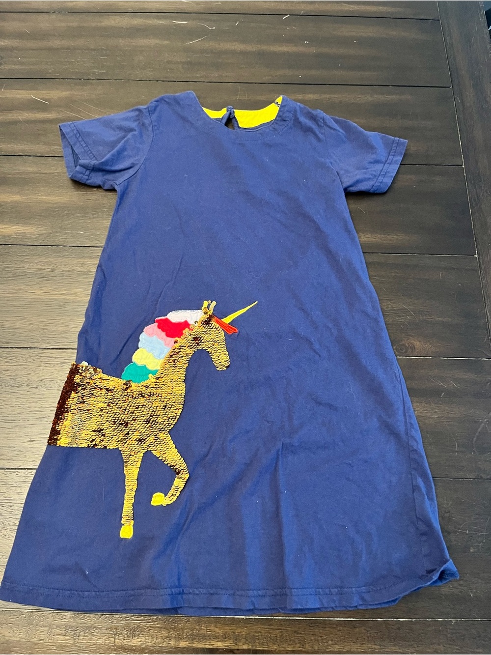 Navy Girls Dress with Gold Sequin Unicorn